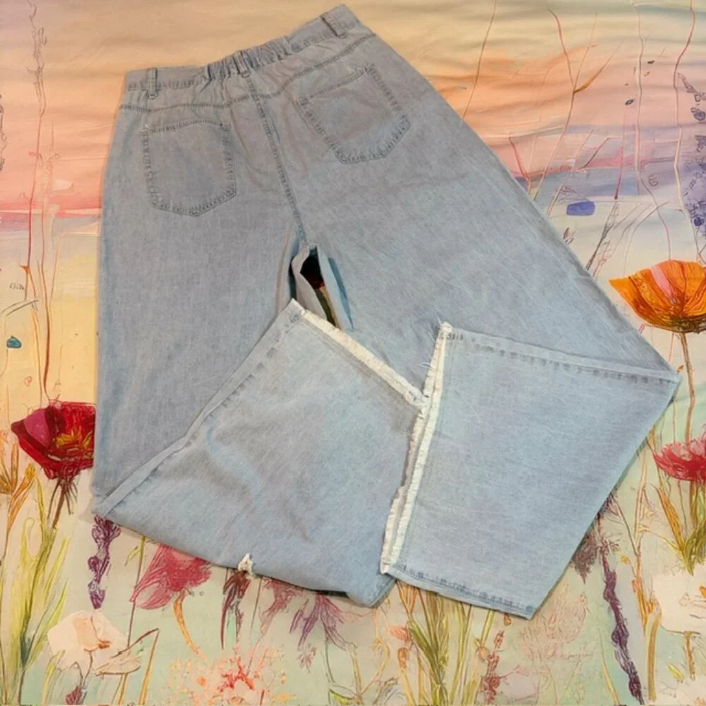 🆕Pol Star Heart Lace Patchwork Blue Denim Wide Leg Pants Size Medium - Picture 7 of 12